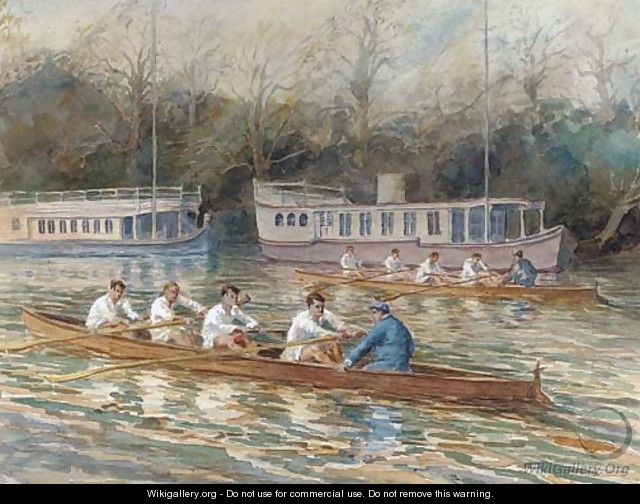 Balliol College Four rowing past houseboats - English School