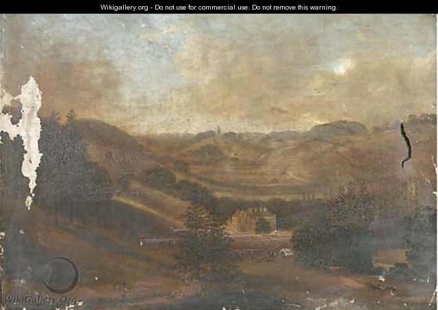 Soldiers on parade outside a country manor, in an extensive landscape - English School