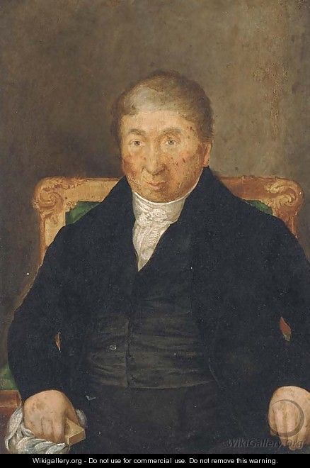 Portrait of a gentleman, seated half-length, in a black suit and waistcoat, holding a bar of soap - English School