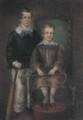 Portrait of a boy, with a cricket bat, standing by his sister, holding a riding whip - English School