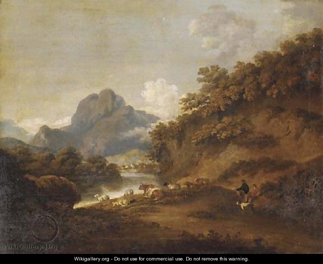 Drovers resting in a mountainous lake landscape - English School