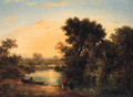 Anglers on the Bank of a tranquil River at Sunset - English School