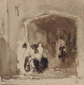 Studies of figures outside a building - English School
