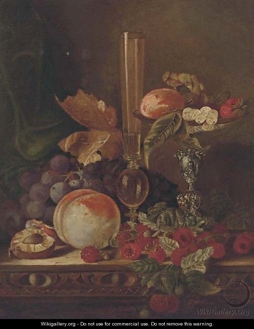 Strawberries, grapes and peaches on a table and pedestal bowl with a glass vase - English School