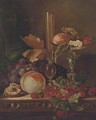 Strawberries, grapes and peaches on a table and pedestal bowl with a glass vase - English School