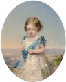 Portrait of young girl, three-quarter-length, in a white dress with blue sash, a landscape beyond - English School