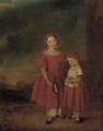 Portrait of two young girls, full length, standing in a landscape - English School