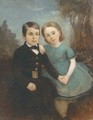Portrait of two children, full-length, the girl in a blue dress and the boy in a black suit, in a landscape - English School