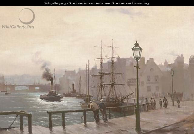 A busy harbour, figures on the quay in the foreground - English School