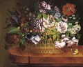Roses, peonies, a poppy and other summer flowers in a wicker basket on a ledge - English School