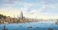 Panoramic view of London and the Thames with Somerset House, St. Paul's Cathedral, the Tower of London and old Blackfriars bridge - English School