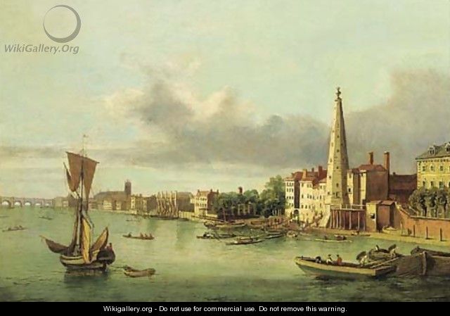 View of the York buildings and the waterworks tower from the Thames, Westminister Bridge and Abbey beyond - English School