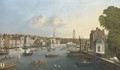 View of the Thames, with the Savoy Palace, Savoy Church, Somerset House, and the spires of St. Mary-le-Strand and St. Clement Danes - English School