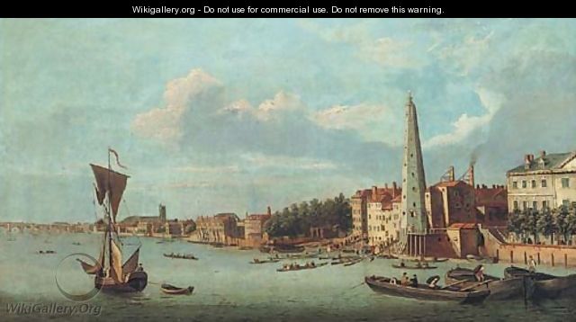 View of the Thames, the tower of the York Buildings Waterworks Company, with Westminster Bridge and Westminster Abbey beyond - English School