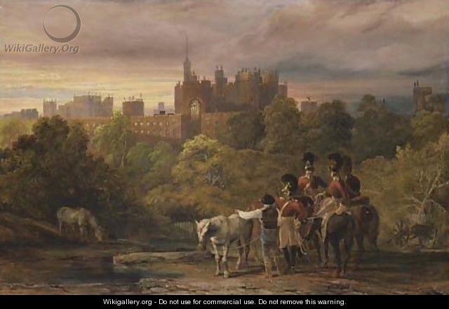 View Of Alnwick Castle From The South, With Soldiers And Horses In The Foreground - English School