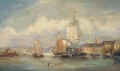 Vessels moored off a town harbour - English School