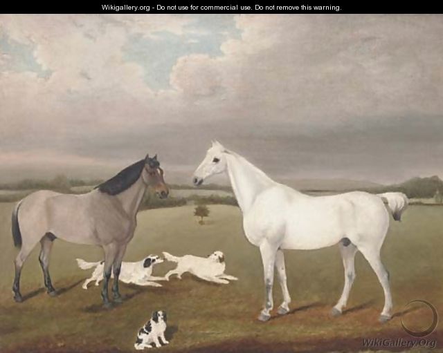 Two horses with three dogs in a landscape - English School