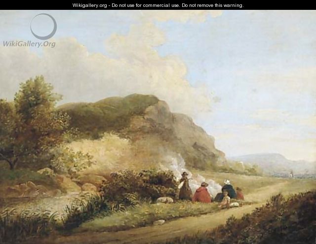 Travellers warming themselves at the wayside - English School