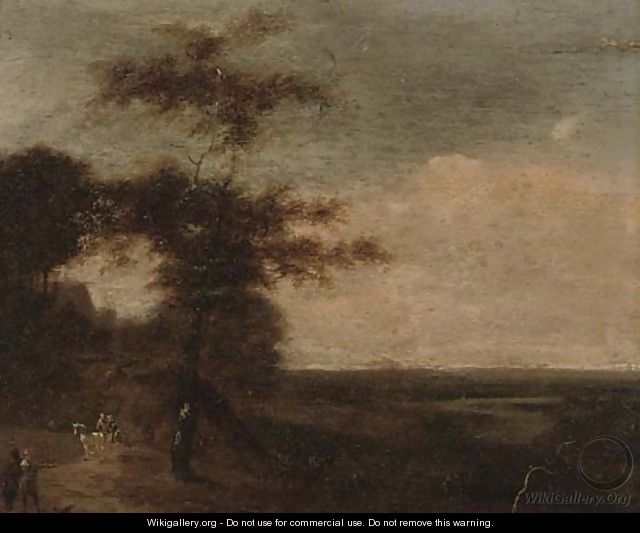 Travellers on a country road at dusk - English School