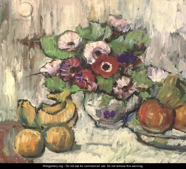 Flowers in a bowl with apples and bananas - English School