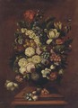 Flowers in a bowl next to pommegranites on a table - English School