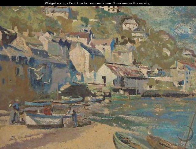 Fishermen by their boat on the shore at a Cornish village - English School