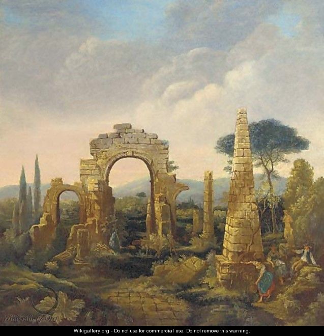 Figures before a classical ruin - English School