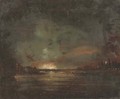 A river landscape at night, thought to be the Thames, with a fire beyond - English School