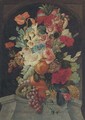 Mixed flowers in an urn on a ledge with grapes and a bird's nest - (after) Jan Van Os