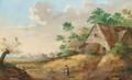 A peasant woman on a path, a farm and a village in the distance - (after) Jan Van Os