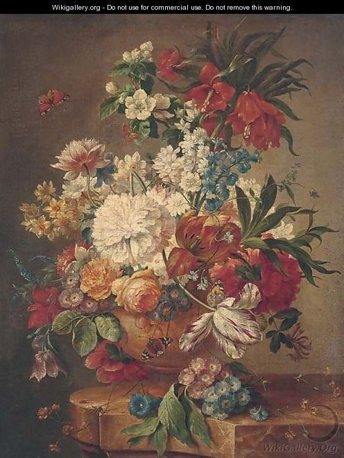 Roses, tulips, morning glory, narcissi and other flowers in an urn on a marble ledge with butterflies - (after) Huysum, Jan van