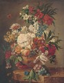 Roses, tulips, morning glory, narcissi and other flowers in an urn on a marble ledge with butterflies - (after) Huysum, Jan van