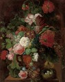 Roses, carnations, tulips, morning glory, narcissi, and other flowers in a vase by a nest of eggs on a plinth - (after) Huysum, Jan van