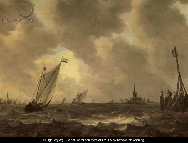 Sailing vessels in choppy waters, a figure on a quay nearby, a church tower in the distance - (after) Jan Van Goyen