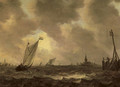 Sailing vessels in choppy waters, a figure on a quay nearby, a church tower in the distance - (after) Jan Van Goyen
