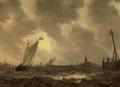 Sailing vessels in choppy waters, a figure on a quay nearby, a church tower in the distance - (after) Jan Van Goyen