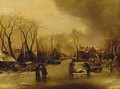 A frozen river landscape with figures cutting ice, a village beyond - (after) Jan Van De Cappelle