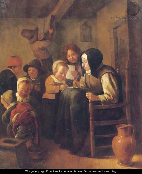 A woman teaching children to read and write in an interior - (after) Jan Steen