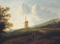 A landscape with travellers by a windmill, a town in the distance - (after) Jan Sonje