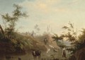 A river landscape with a drover, his cattle and a shepherd and his flock - (after) Jean-Baptiste Pillement