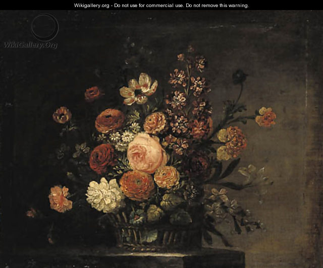 Roses, tulips, carnations and other flowers in a basket on a stone ledge - (after) Jean-Baptiste Monnoyer