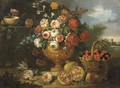 Mixed flowers in a vase with cherries in a basket - (after) Jean-Baptiste Monnoyer