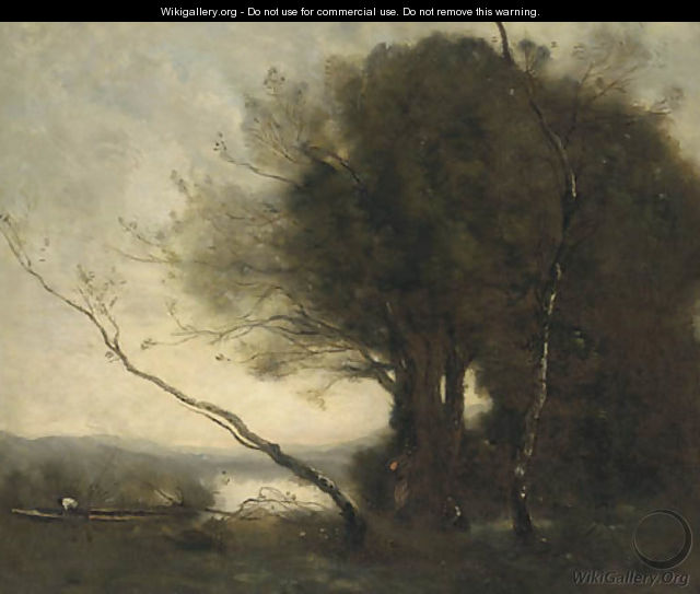 Figures working in a landscape, a lake beyond - (after) Jean-Baptiste-Camille Corot