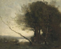 Figures working in a landscape, a lake beyond - (after) Jean-Baptiste-Camille Corot