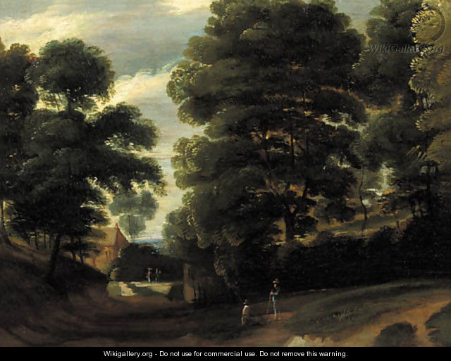 Travellers on a road in a wood, a farm beyond - (after) Jaques D
