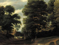 Travellers on a road in a wood, a farm beyond - (after) Jaques D