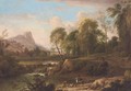An extensive mountain landscape with horsemen on a track and bathers in a river, a town beyond - (after) Jan Wynants