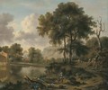 A wooded river landscape with travellers on a road, a village beyond - (after) Jan Wynants