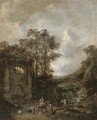 A river landscape with shepherds and their flock crossing a bridge to a fountain - (after) Jan Wynants