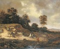 A dune landscape with travellers and a couple resting on a path - (after) Jan Wijnants